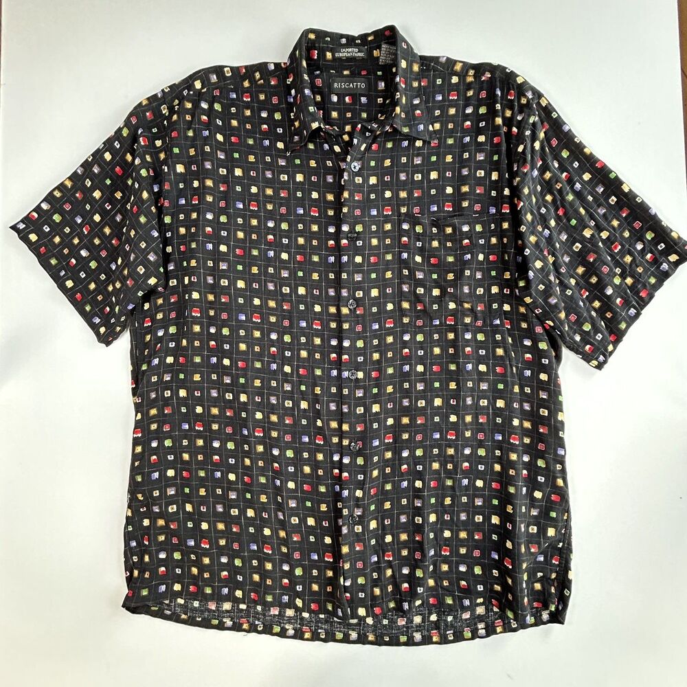 Vintage Riscatto Black Multicolor Geometric Print Shirt Art to Wear Men's L